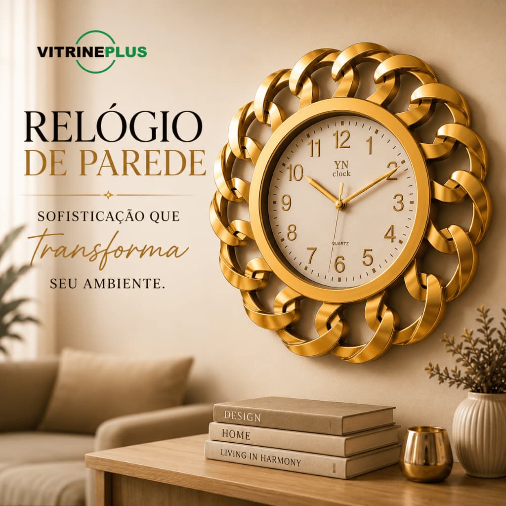 Relógio de Parede Redondo Dourado  Decoração Moderna para Sala Quarto Cozinha