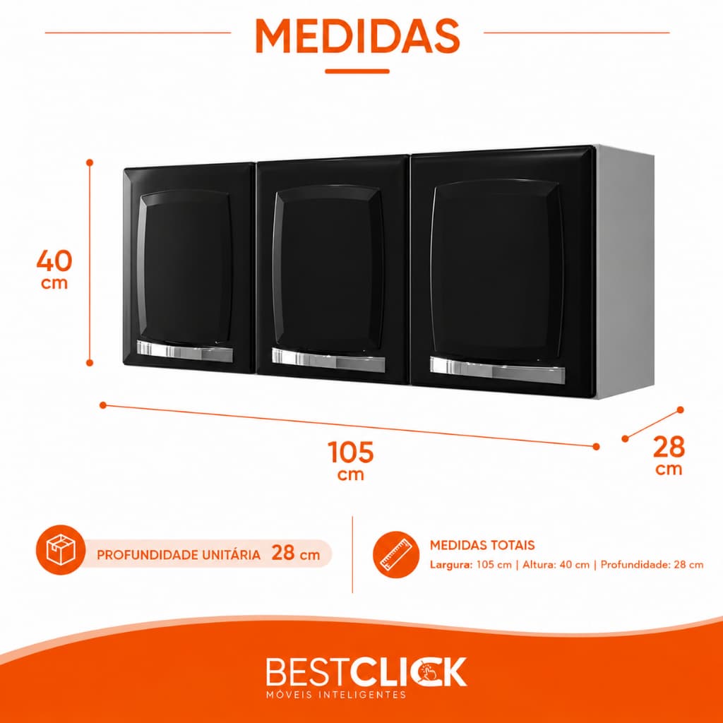 Armário Aéreo de Parede Itatiaia com 3 portas  - Fabricado em aço Disponível com Portas Pretas ou Brancas