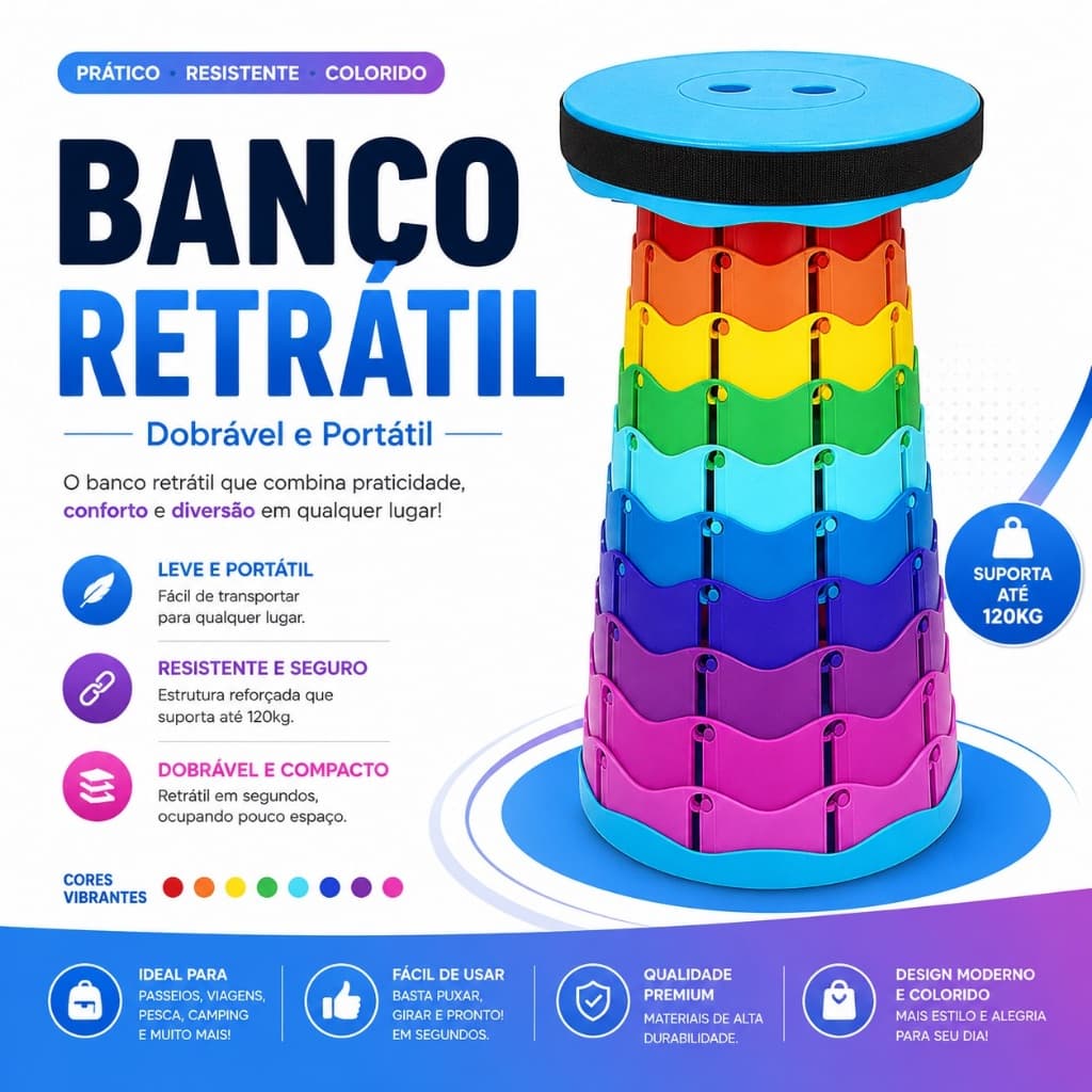 Banqueta Banco Retrátil Portátil Colorido com AlçaTelescópica Dobrável Ajustável Pesca Camping Caminhada