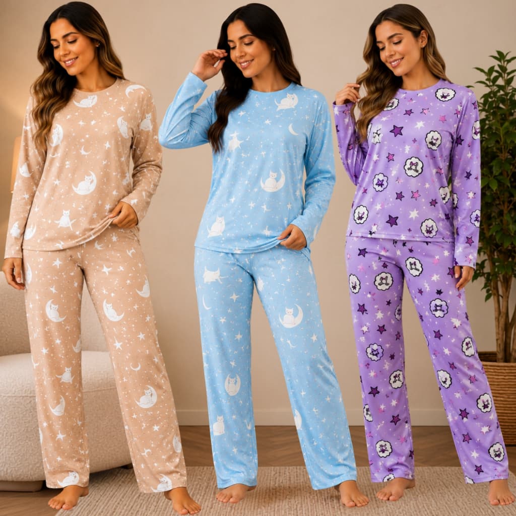Kit 3 Pijamas Adulto Feminino Suede Manga Longa Confortável Estampado Linha Noite