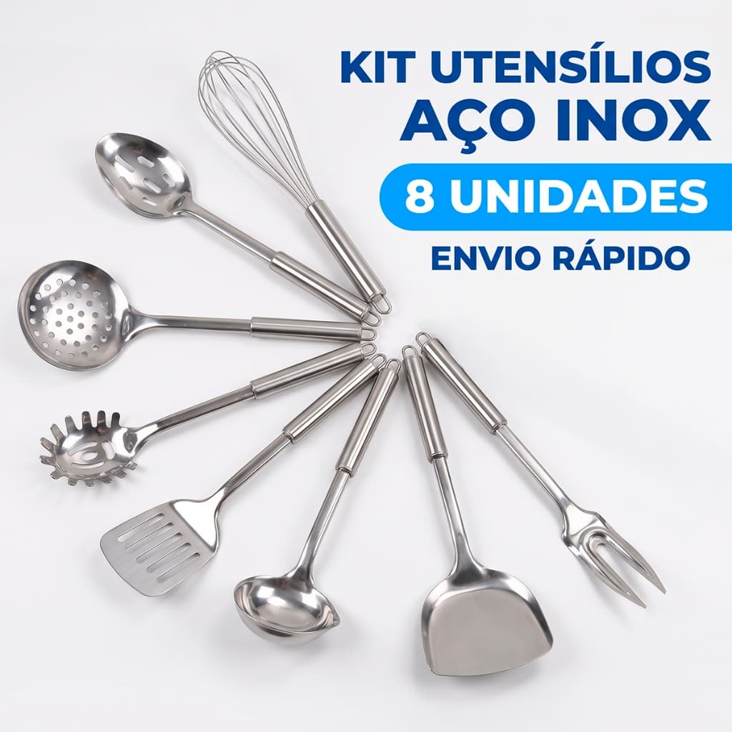 Kit Utensílios Cozinha Aço Inox 8 Peças Concha Escumadeira Espátula Garfo Pegador Massa Hercos