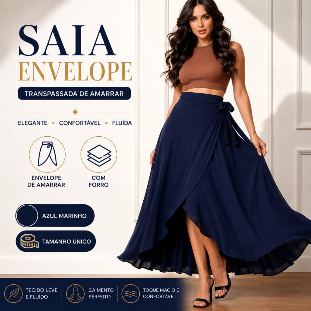 Saia Envelope Longa Feminina Azul Marinho Cintura Alta Com Forro de Amarrar