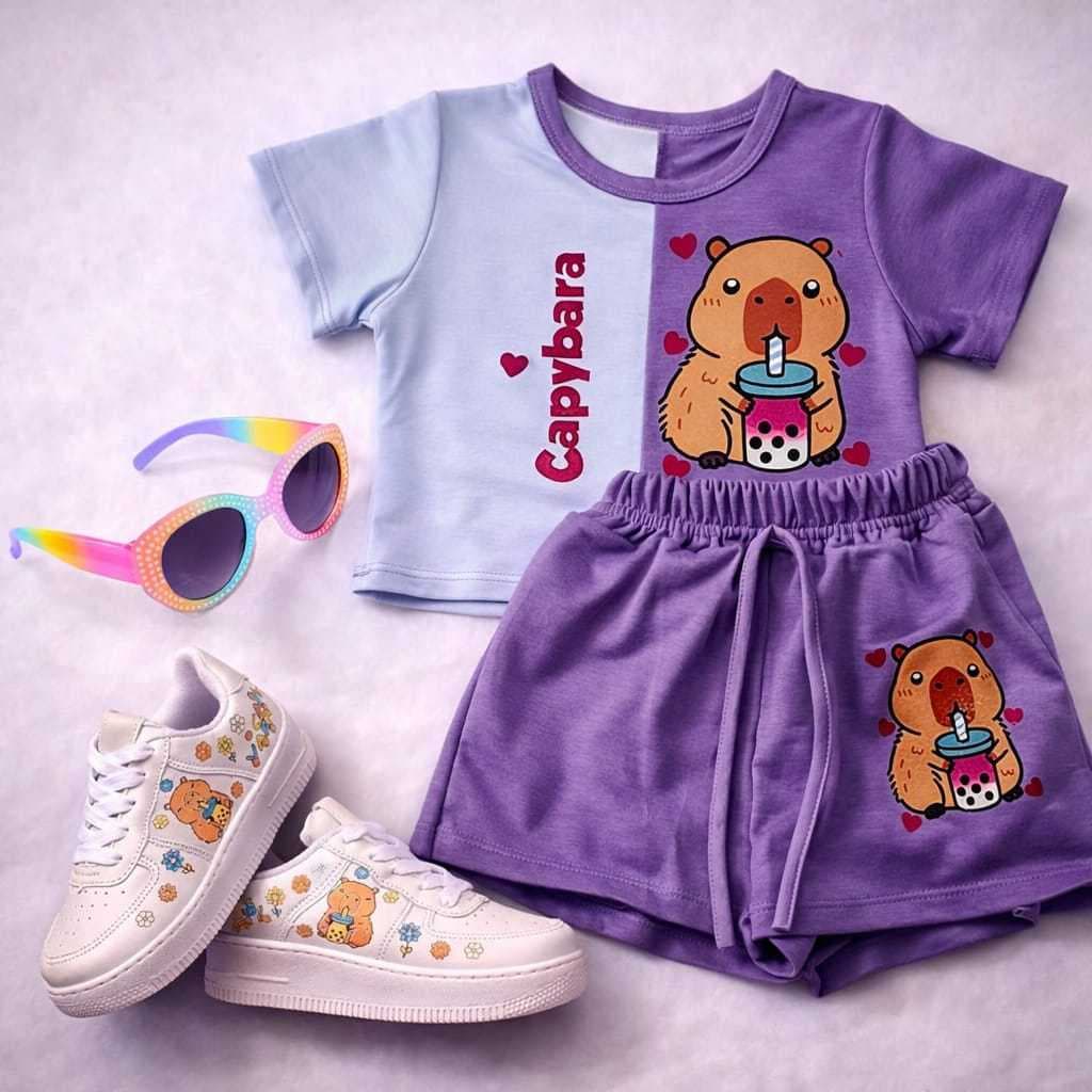 CONJUNTO INFANTIL MENINA CAPIVARA BLUSA+SHOR SAI VERAO