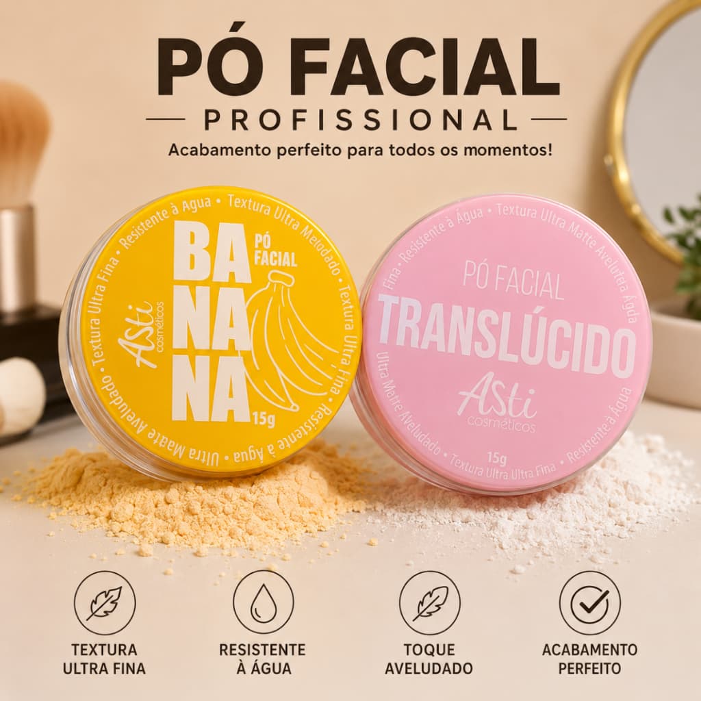 Kit Pó Facial Asti 15g Banana ou Translúcido Matte Sela Maquiagem solto compacto ultrafino makeup