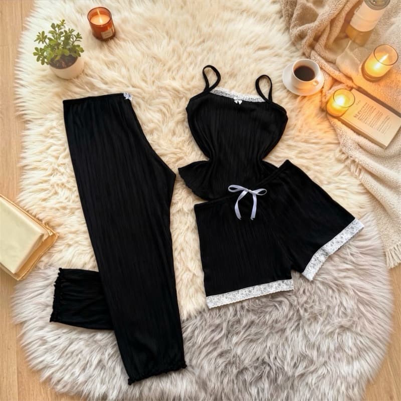 Pijama Trio Feminino 3 Peças Regata Short e Calça Tecido Canelado Confortável