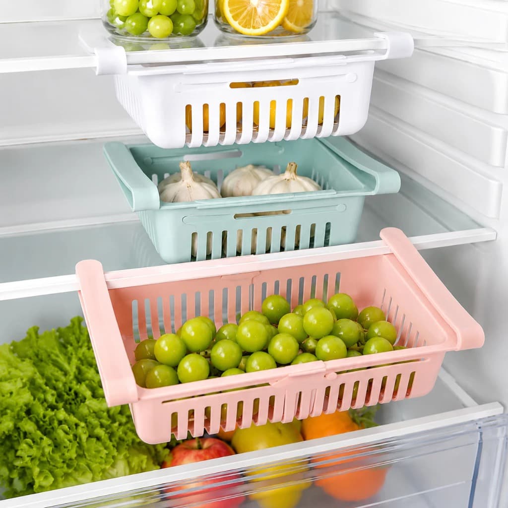 Kit Cesto Organizador Geladeira Gaveta Extra Tamanho Ajustável Mesa Multiuso Encaixe Ovos Frutas Verduras Legumes