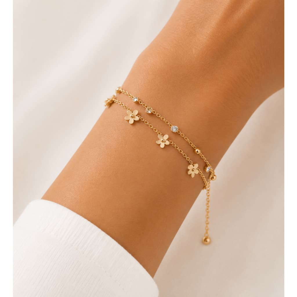 Pulseira Feminina Flor com Ponto de Luz Dourada Ajustável 2