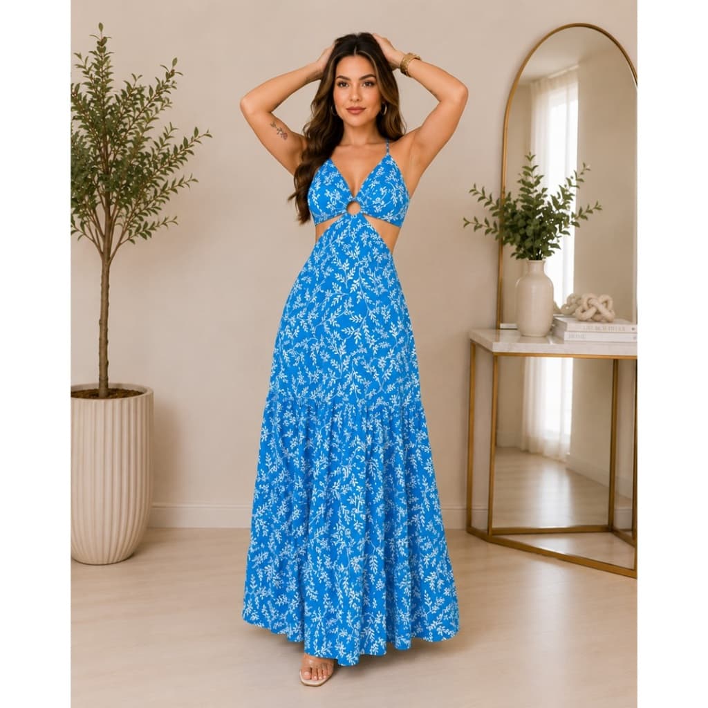 Vestido Longo Feminino Alcinha Fina Ajustável Bojo Estampa Floral Tendência Verão Elegante
