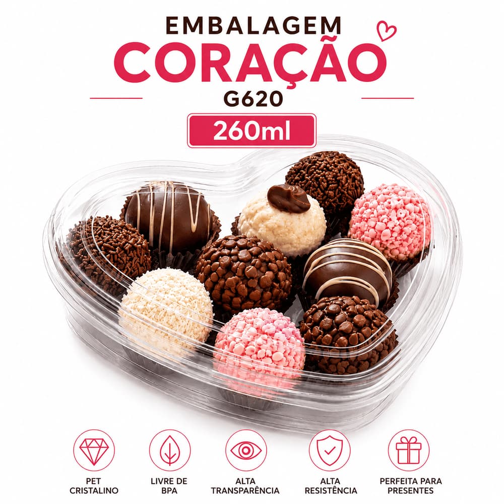 Embalagem Coração G620 Galvanotek Premium 260ml Transparente Plástico para Doces, Bombom, Trufa e Brigadeiros