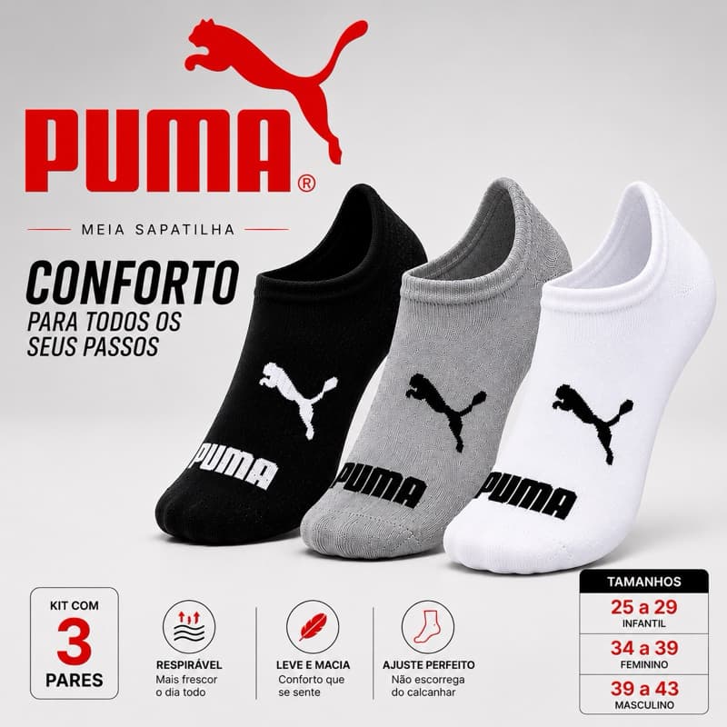 Meia Puma Sapatilha Original Masculina Feminina Cano Invisível Algodão Confortável Preto Branco