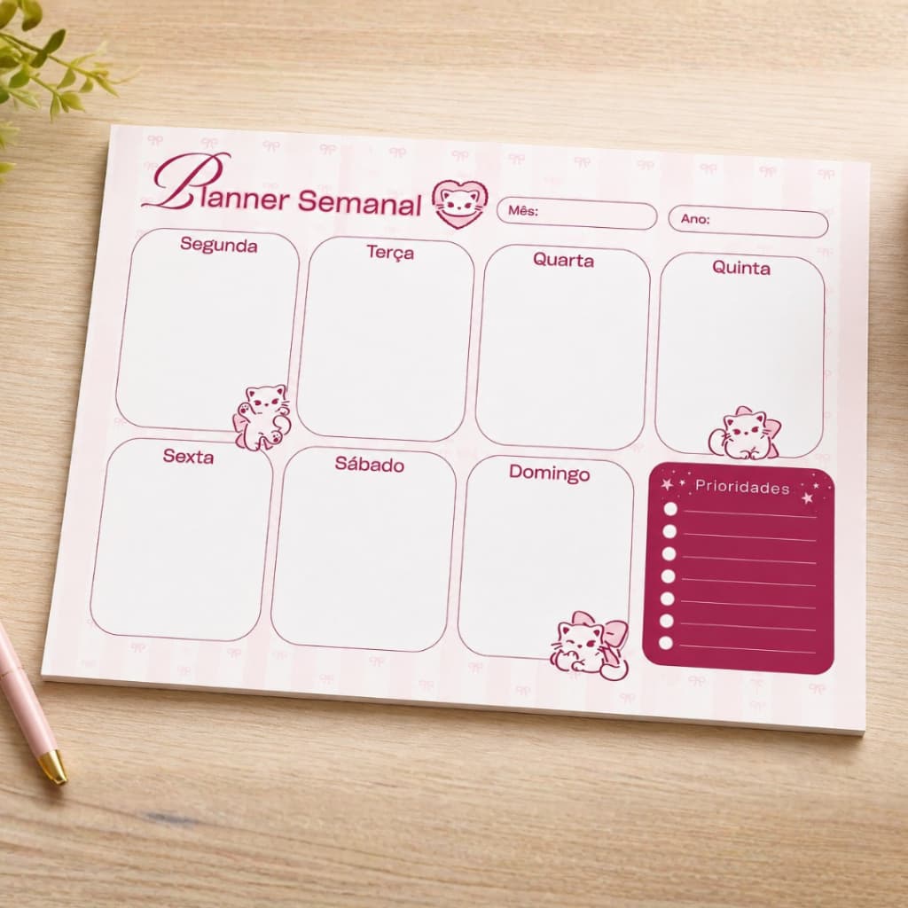 Planner de Mesa Semanal Kawaii Gatinhos | Tamanho A4 e destacável !