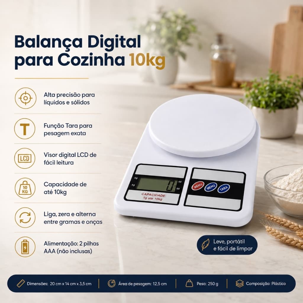 Balança Digital Cozinha Alta Precisao Capacidade 10kg Compacta Leve