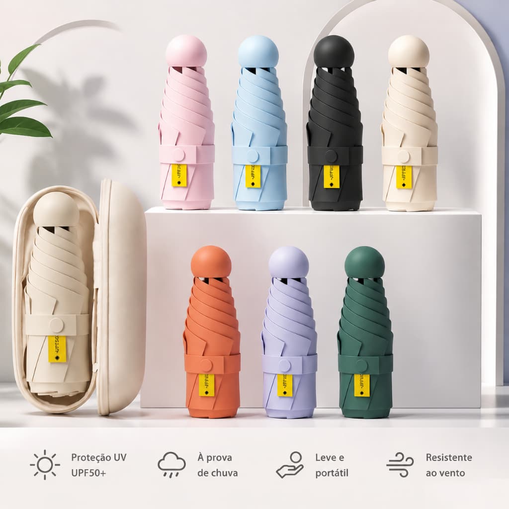 Guarda-chuva mini cápsula cor macaron, 5 dobras com estojo, para sol e chuva