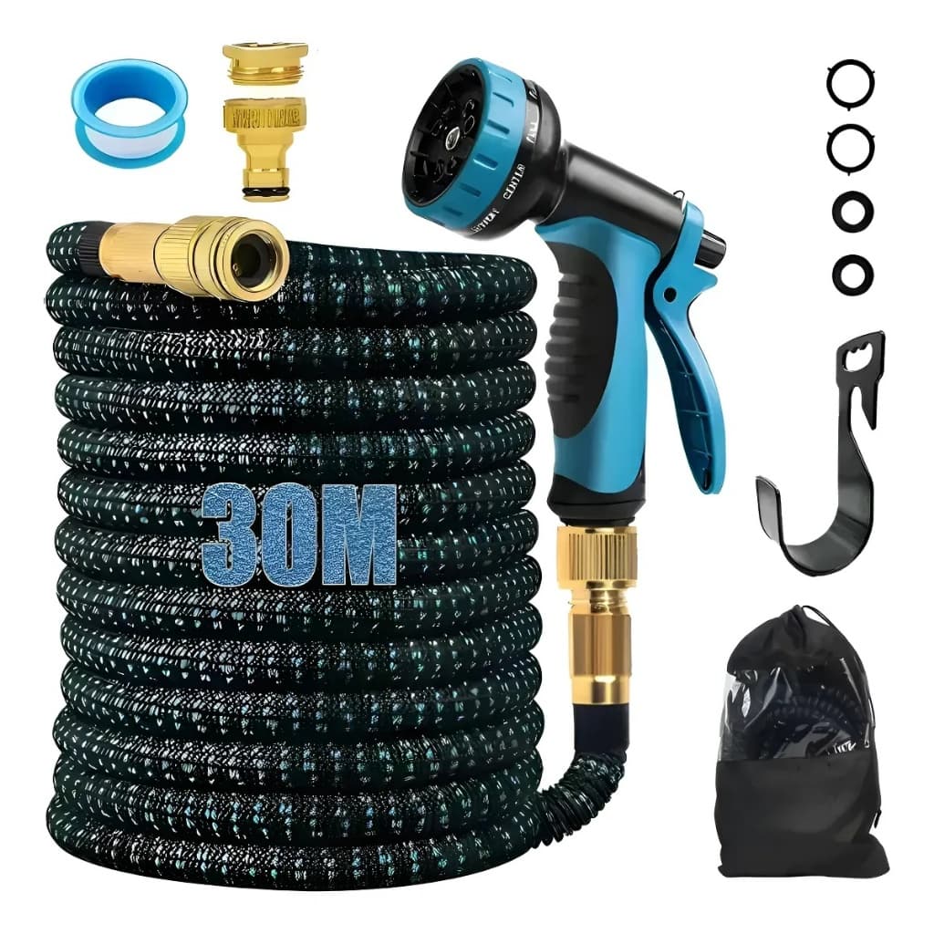 Mangueira De Jardim 30 Metros ExpansíVel Borracha Polyester ReforçAda Kit Completo Com Bico Esguicho Bolsa Suporte Alta