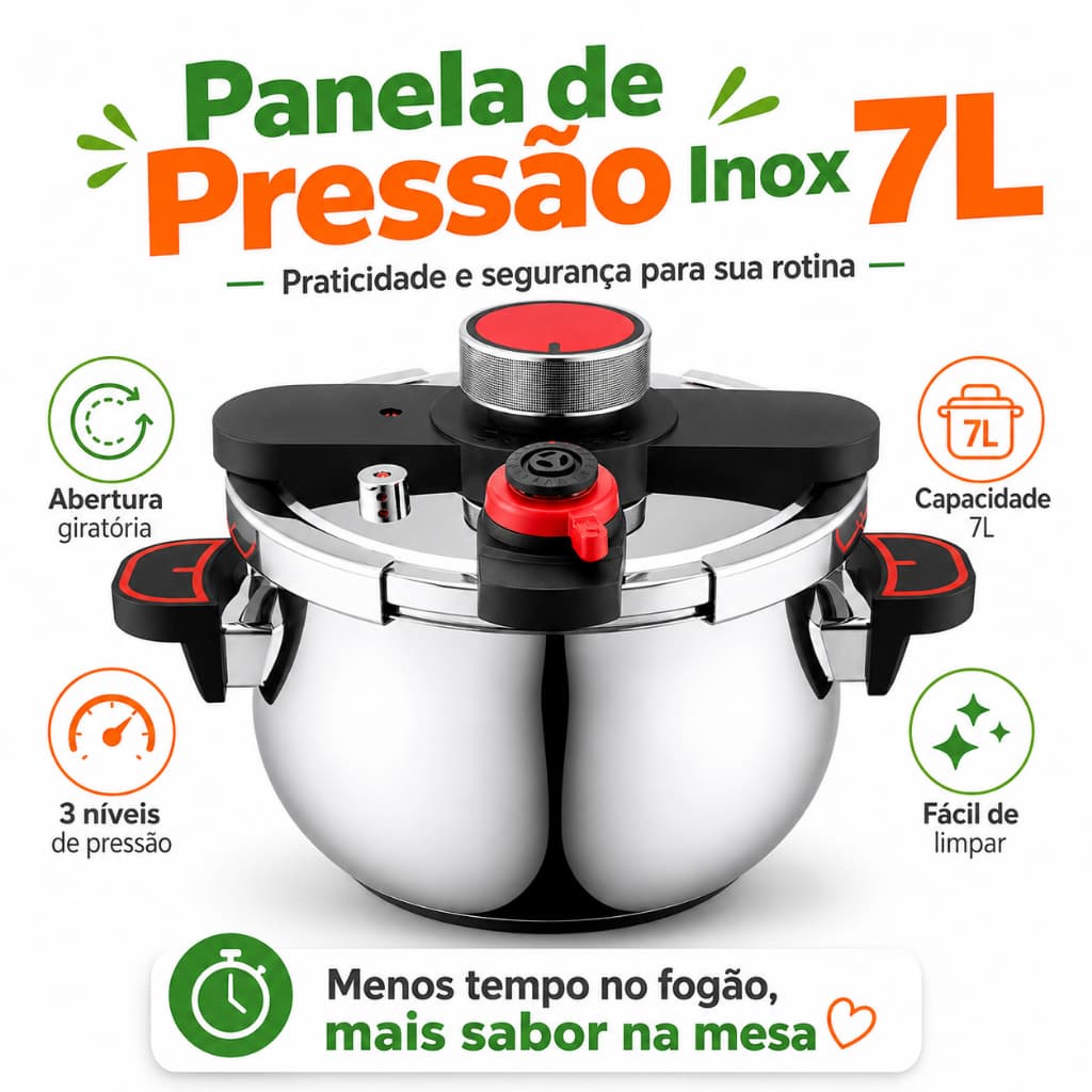 304 Panela de Pressão 7 Litros 100kpa Aço Inox Grande Capacidade para Feijão Carnes Sopas e Cozidos