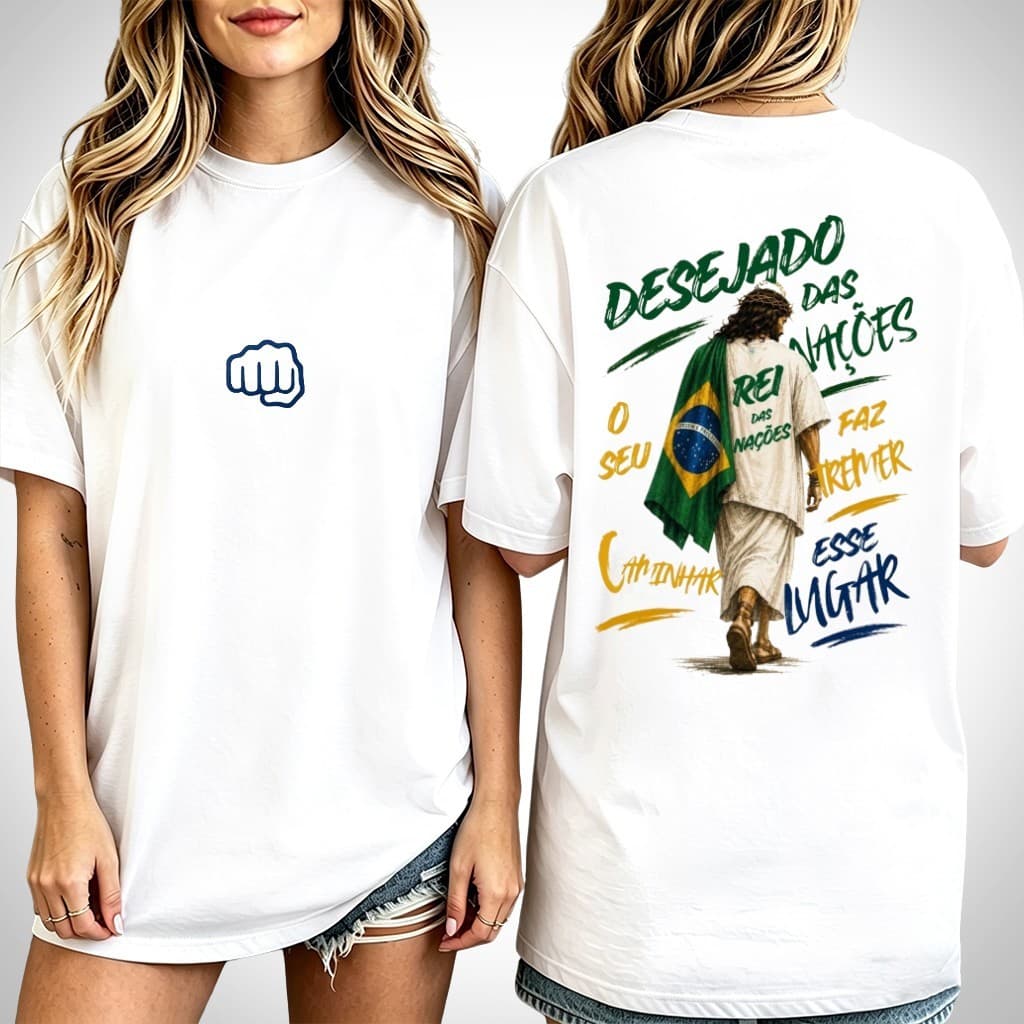 Camiseta Plus Size 100% Algodão Jesus Rei das Nações Estampa Religiosa Brasil Oversized Feminina
