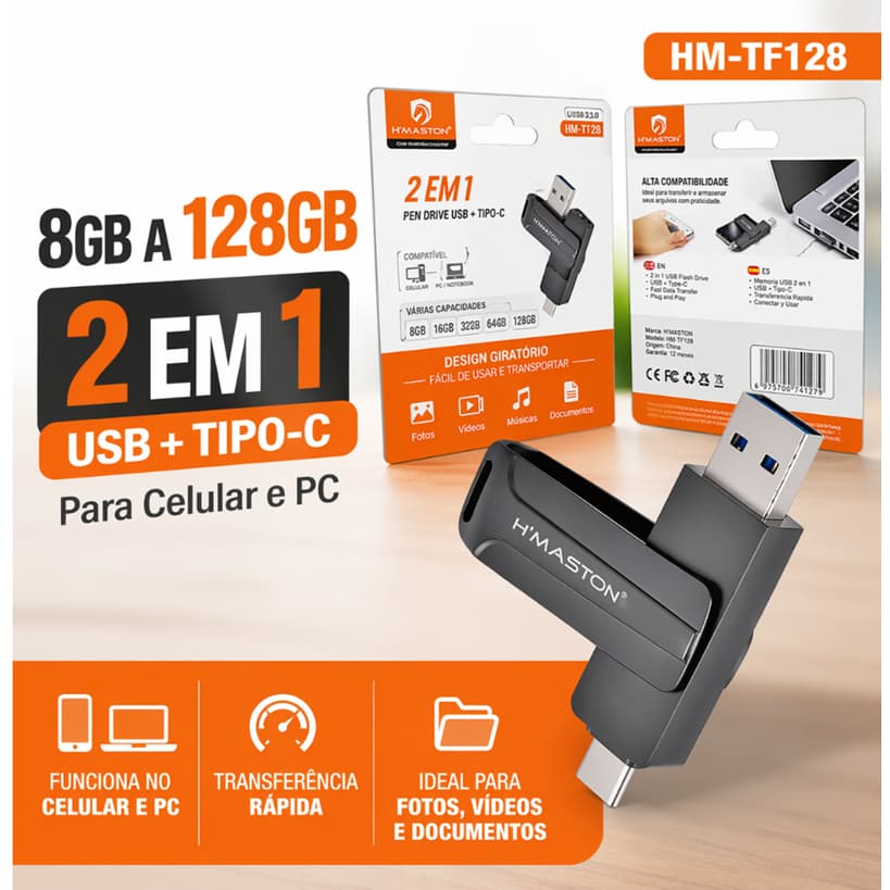 Pen Drive 2 em 1 USB e Tipo C OTG 8GB 16GB 32GB 64GB 128GB para Celular PC Notebook H'Maston HM-TF128 USB 3.0