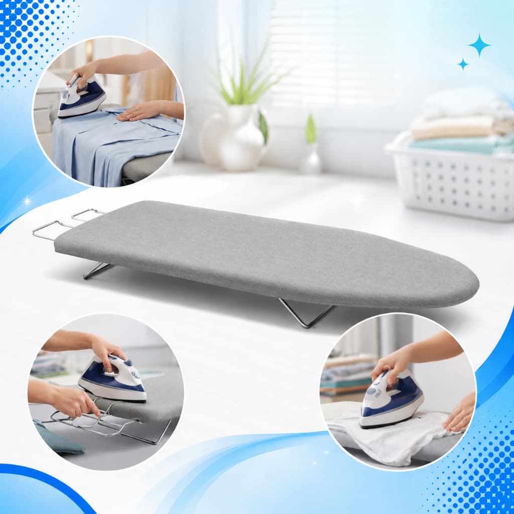 Tabua De Passar Roupa Cinza Portátil E Mesa Com Porta Ferro Retrátil com Tecido Térmico Metalizado