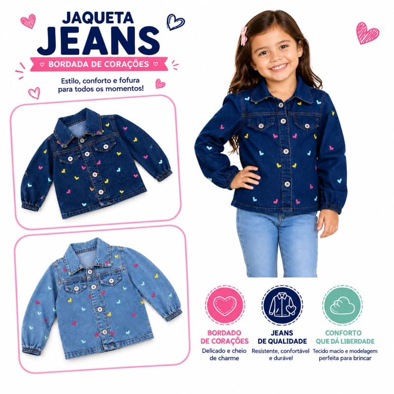 Jaqueta Jeans Infantil Feminina com Corações Bordados