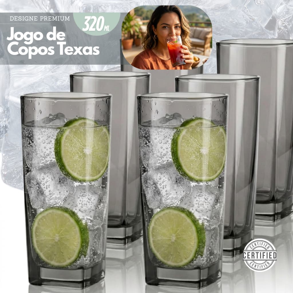 Jogo de Copo Vidro Cinza Preto Texas 320ml Alto Padrão Fume Preto Copos Quadrado 3 a 6 Unidades