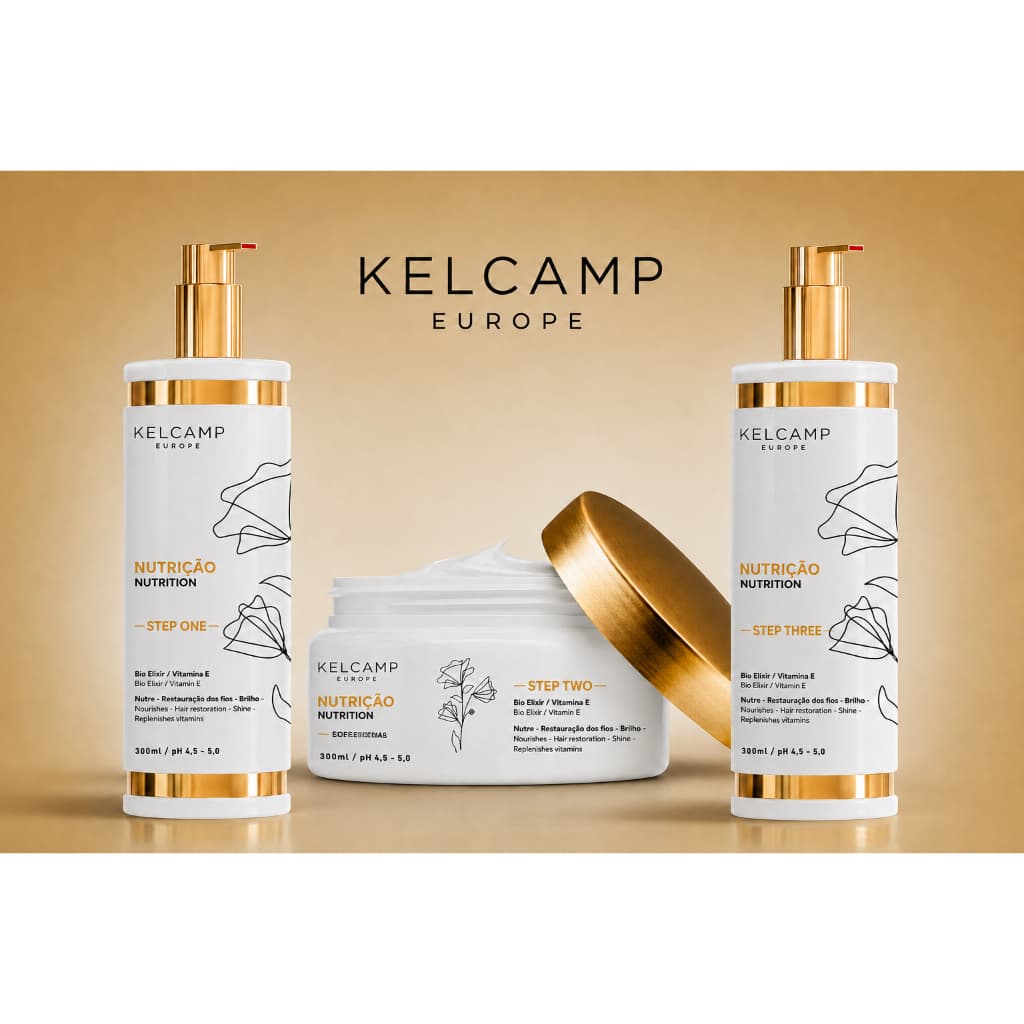 Kit Kelcamp Europe Nutrição Shampoo Máscara Condicionador Bio Elixir Vitamina E 300ml