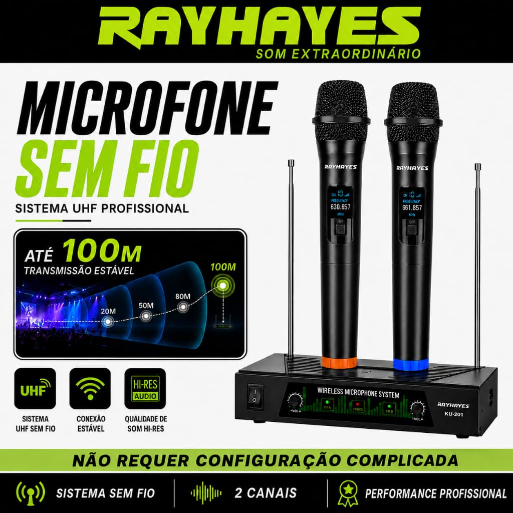 RAYHAYES KU-201 Microfones Sem Fio VHF Com receptor para karaokê, igreja e palestras