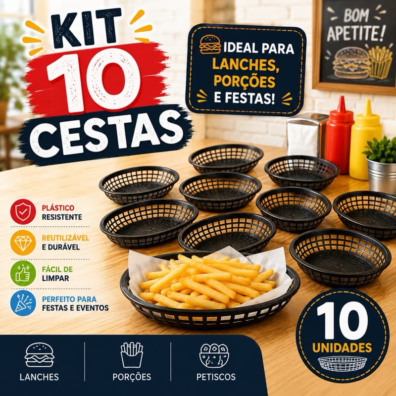 Kit 10 Cestas Oval Plástico Resistente Lanche Fritas Porções Lanchonete Restaurante Festa 2309