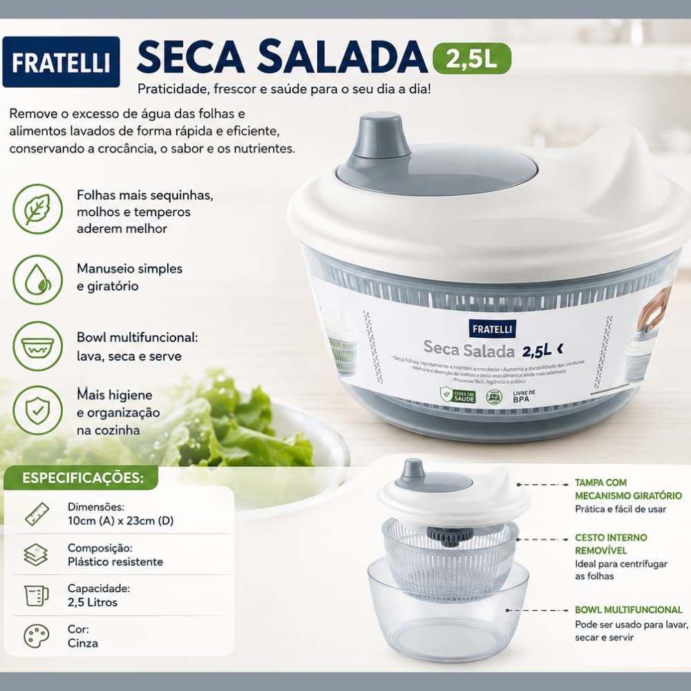 Centrífuga de Secagem e Lavagem Manual de Saladas, verduras, legumes, fácil de Limpar, fácil de usar