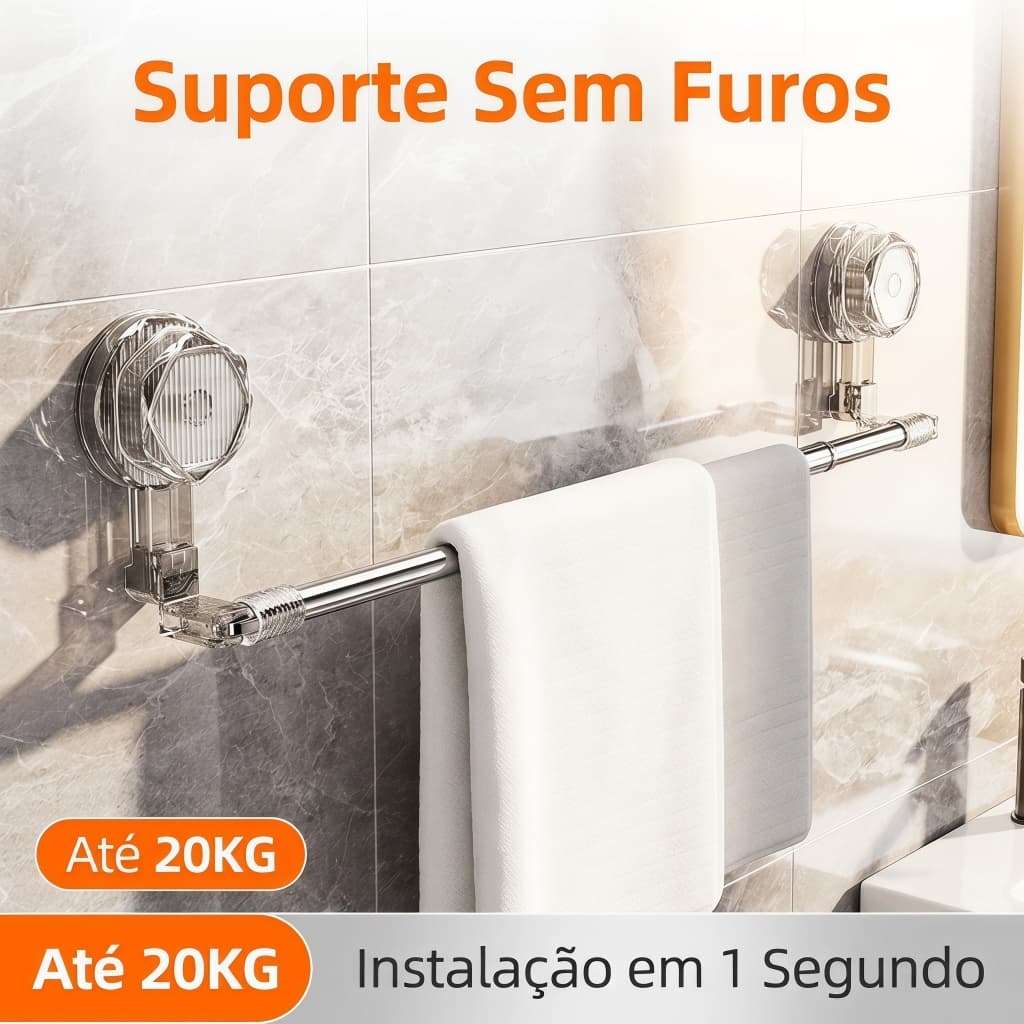 Porta Toalheiro Extensível Ventosa Haste Inox Instalação Instantânea Banheirob