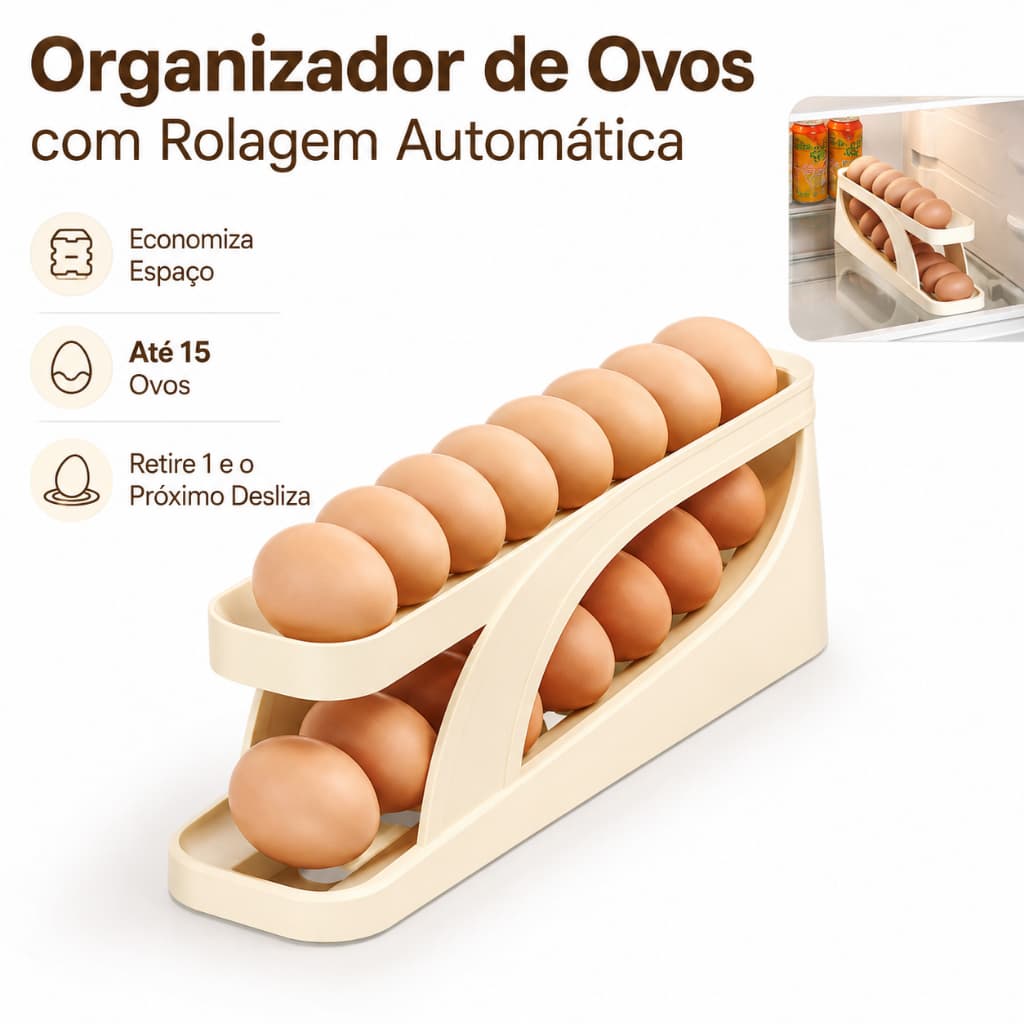 Organizador Porta Ovos para Geladeira com Rolagem Automática Deslizante até 15 Ovos