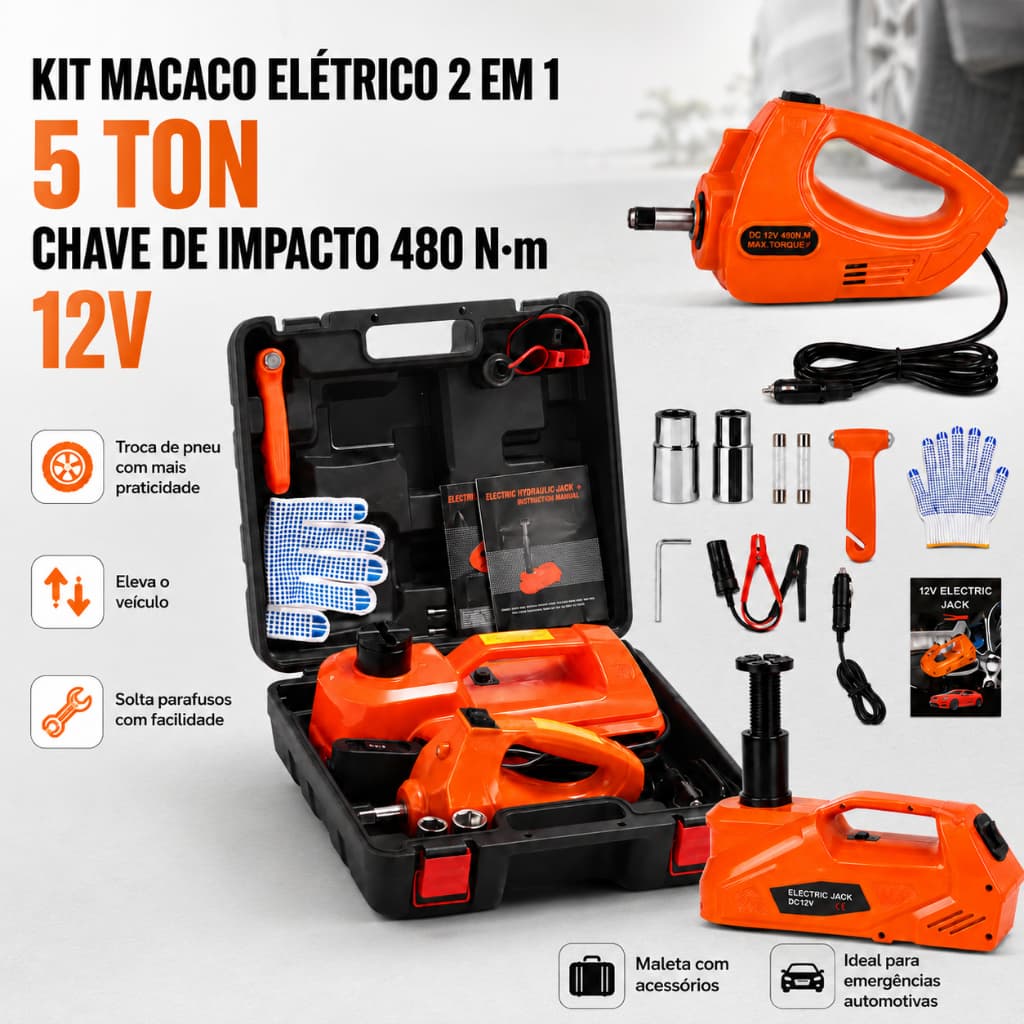 Kit Macaco Elétrico Hidráulico 12V 5 Ton com Chave de Impacto 480Nm, Maleta para Troca de Pneu