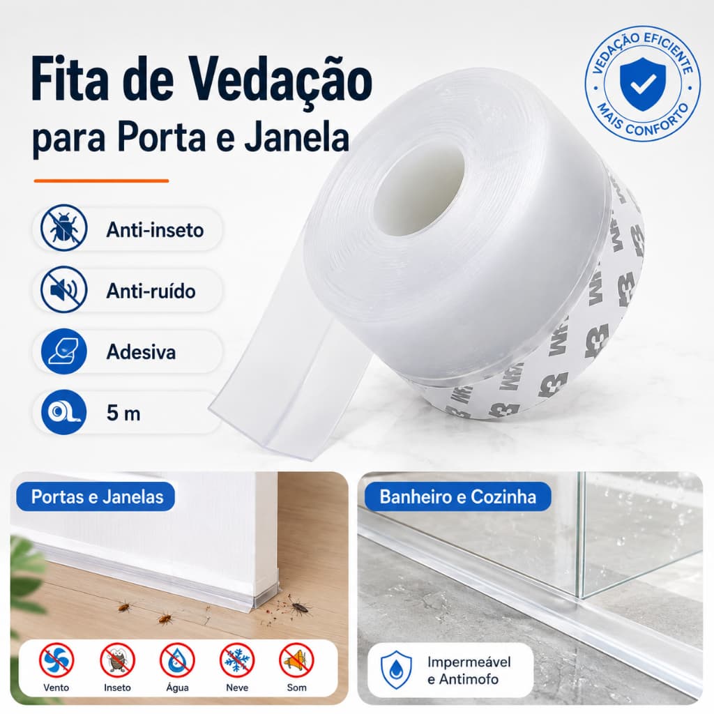Fita de Vedação Autoadesiva Impermeável para Portas e Janelas, Veda Frestas contra Poeira, Insetos, Vento, Água e Barulh
