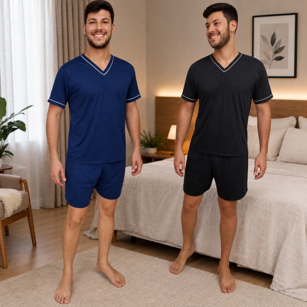 Kit 2 Pijamas Masculino Manga curta  Short de Verão, kit 2 shorts