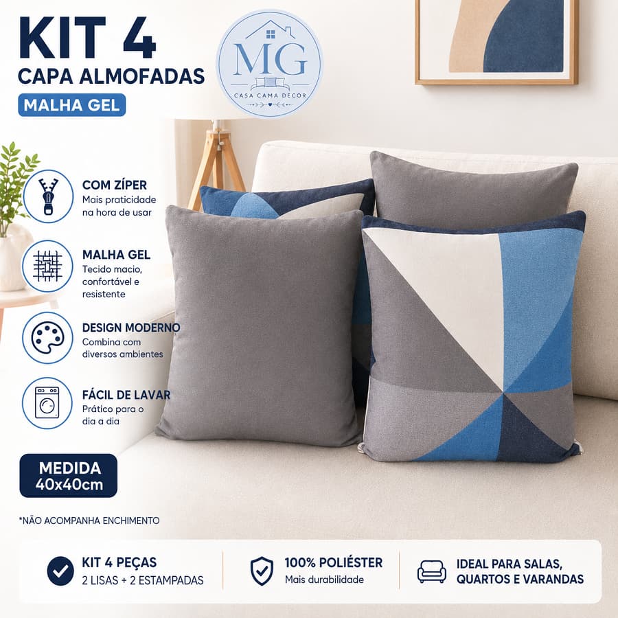 Kit 4 Capas para Almofadas Malha Gel com Zíper Decorativas Sofá Sala Quarto Cama