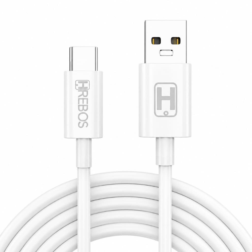 Cabo Carregador USB Tipo C Hrebos 2m 3.1A CB-030 Turbo Carga Rápida Reforçado Dados Branco Celular