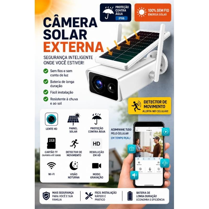 Câmera de Segurança Solar Wi-Fi Externa HD IP66 com Visão Noturna Detector de Movimento Sem Fio