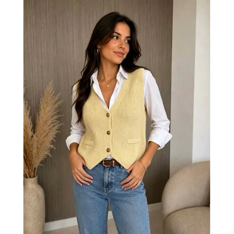 （Colete Plus Size  38-46）Colete Tricot Colegial Decote V Botão Forrado | Sweater Vest Tendência Blogueira Cropped Casual