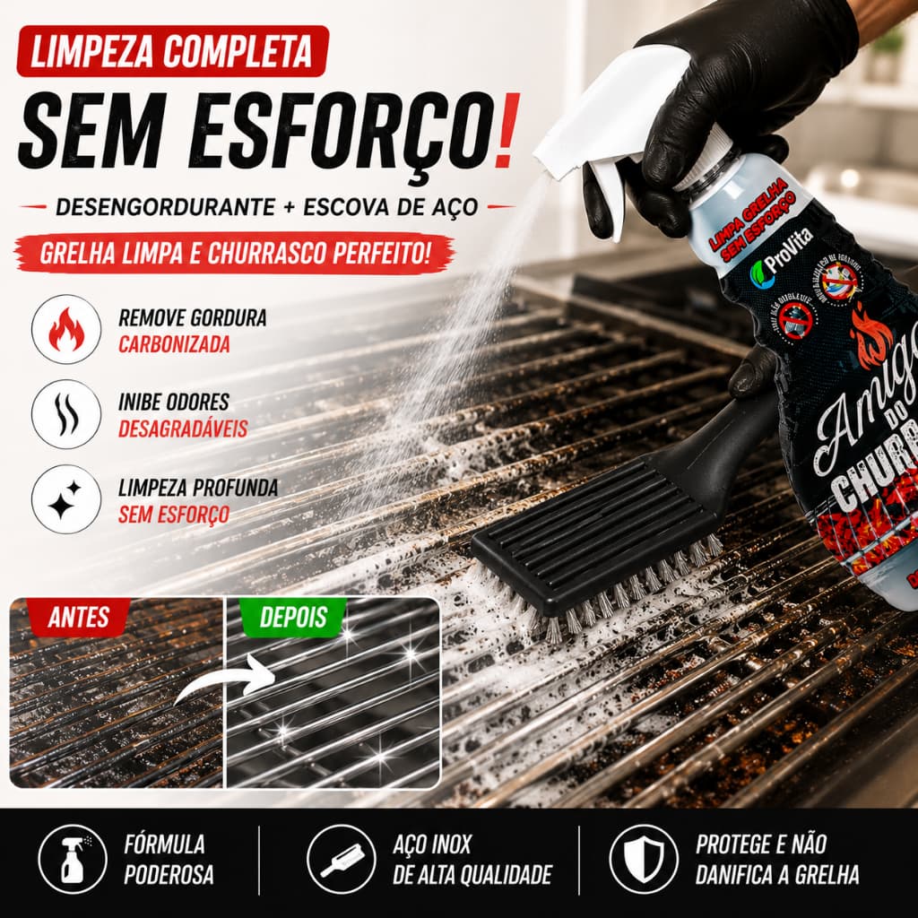 Kit Limpa Grelha Desengordurante Amigo do Churras + Escova Limpa Grelha com Raspador