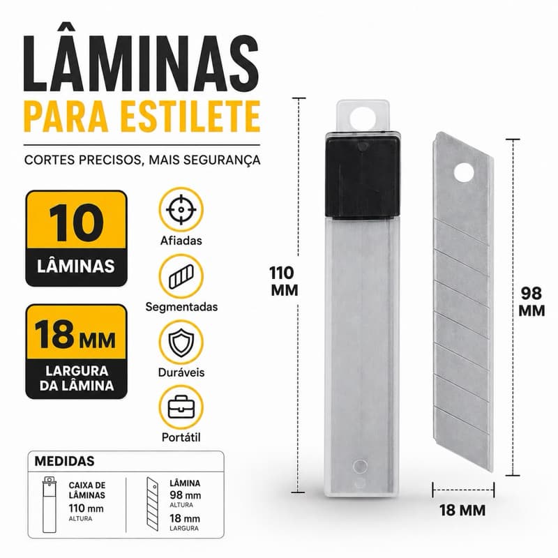 Kit 10 Lâminas para Estilete 18mm Segmentadas Afiadas com Estojo Porta Lâminas
