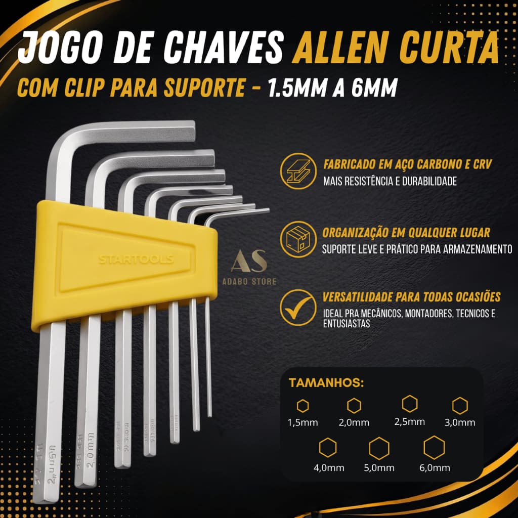 Jogo de Chaves Allen Curta 7 Peças 1,5mm A 6mm Com Suporte Clip Aço Cromado Hexagonal Startools
