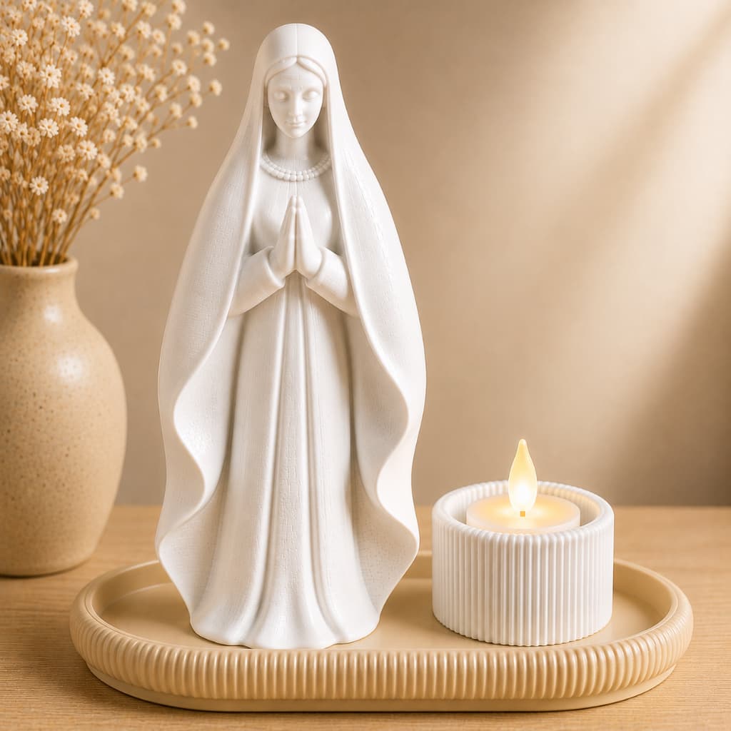 Kit Nossa Senhora Virgem Maria 15cm com Vela LED Bandeja Cantinho de Oração Presente Religioso Decoração Católica