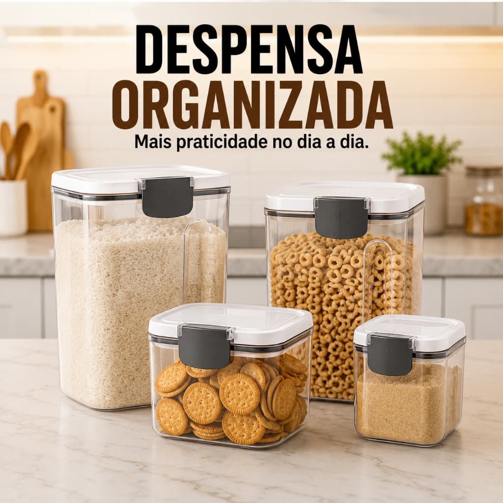 Kit 4 Potes Herméticos Plástico Organizador de Mantimentos Dispensa Cozinha Tampa Vedação
