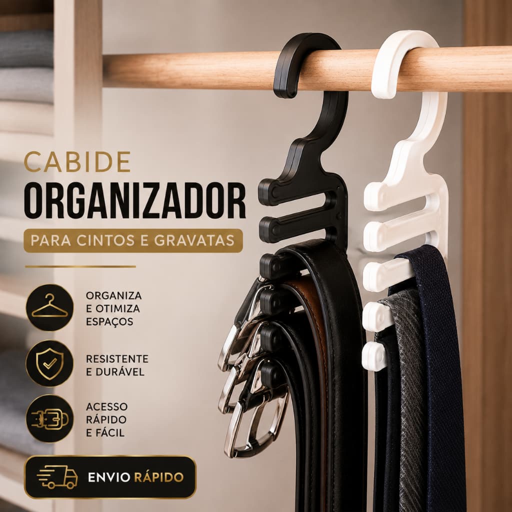 Cabide Organizador para CINTOS e Gravatas Suporte para Armário Moderno Funcional Preto ou Branco Presente Dia dos Pais