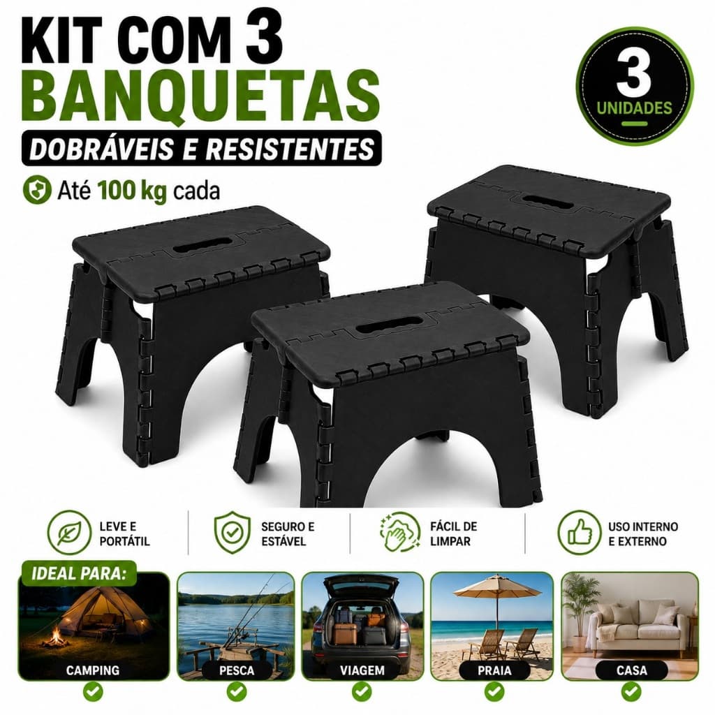 Kit 3 Banquetas Banquinhos Dobráveis de Plástico até 60kg para Camping Pesca Viagem Praia