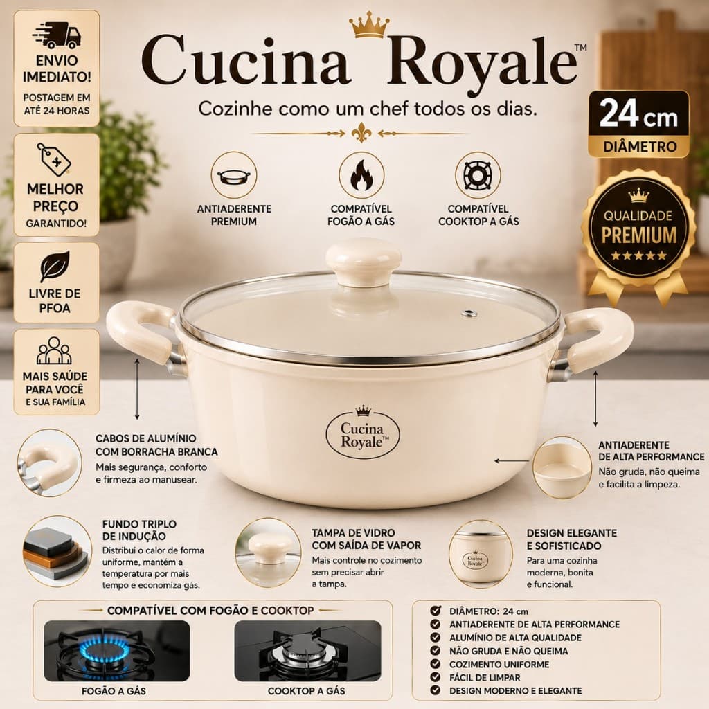 Panela Caçarola Cerâmica Premium 24cm Antiaderente cor bege linda. Com Tampa,Cucina Royale moderna