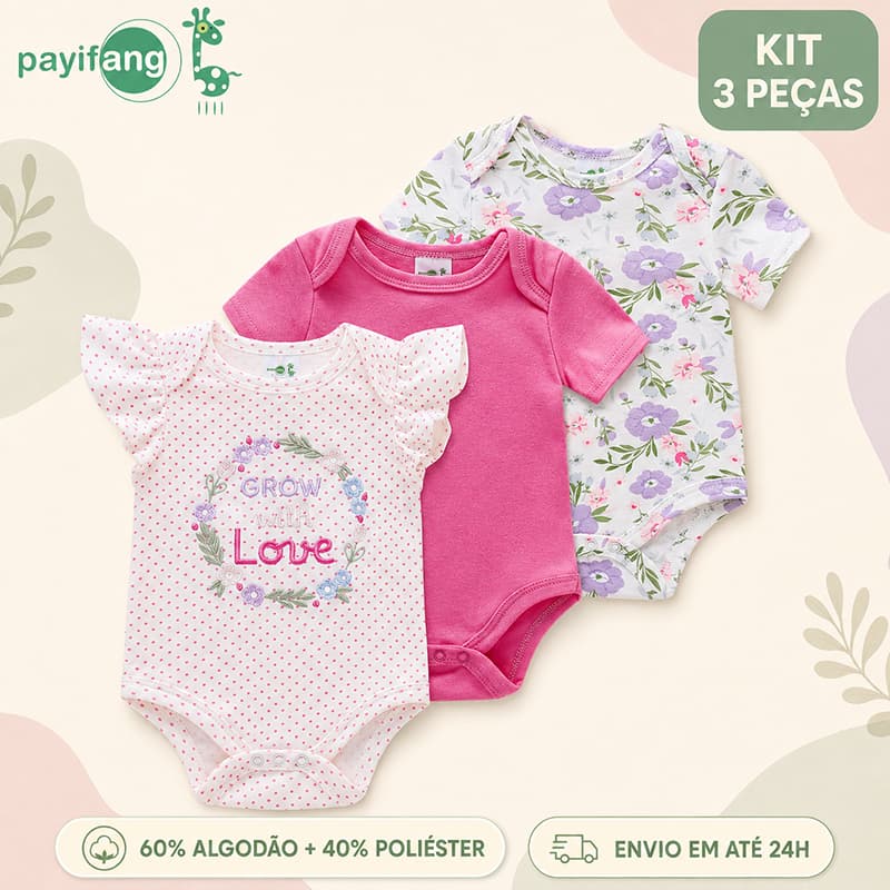 Payifang Kit 3 Bodies Bebê Menina Grow With Love Floral Manga Curta e Babado 3M 6M 9M