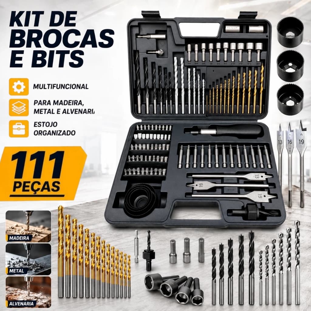 Kit Jogo Ferramentas 111 pcs Brocas Bits Pontas Soquete Maleta Portátil Para Reparo e Bricolagem