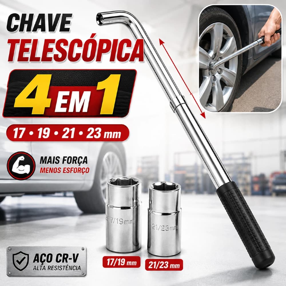 Chave de Roda Telescópica L 4 em 1 17/19/21/23mm com 2 Soquetes Duplos Aço Cr-V para Carro – Pronta Entrega