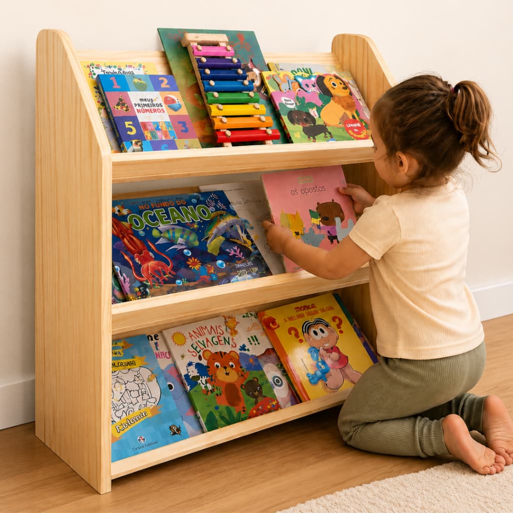 Estante Revisteiro Infantil em Madeira Pinus Organizador de Livros Estilo Montessori com Cantos Arredondados
