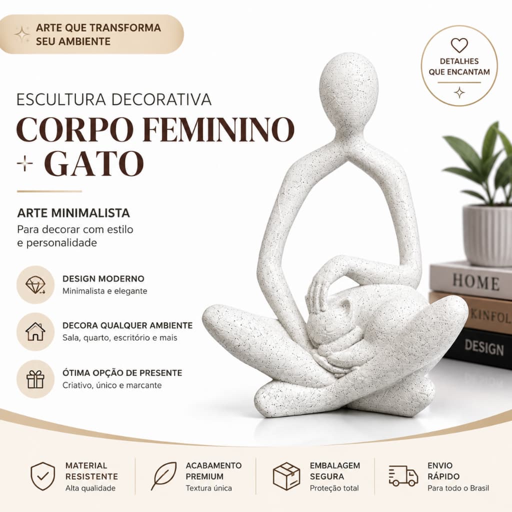 Escultura Decorativa Corpo Feminino com Gato Arte Minimalista Moderna para Sala Quarto